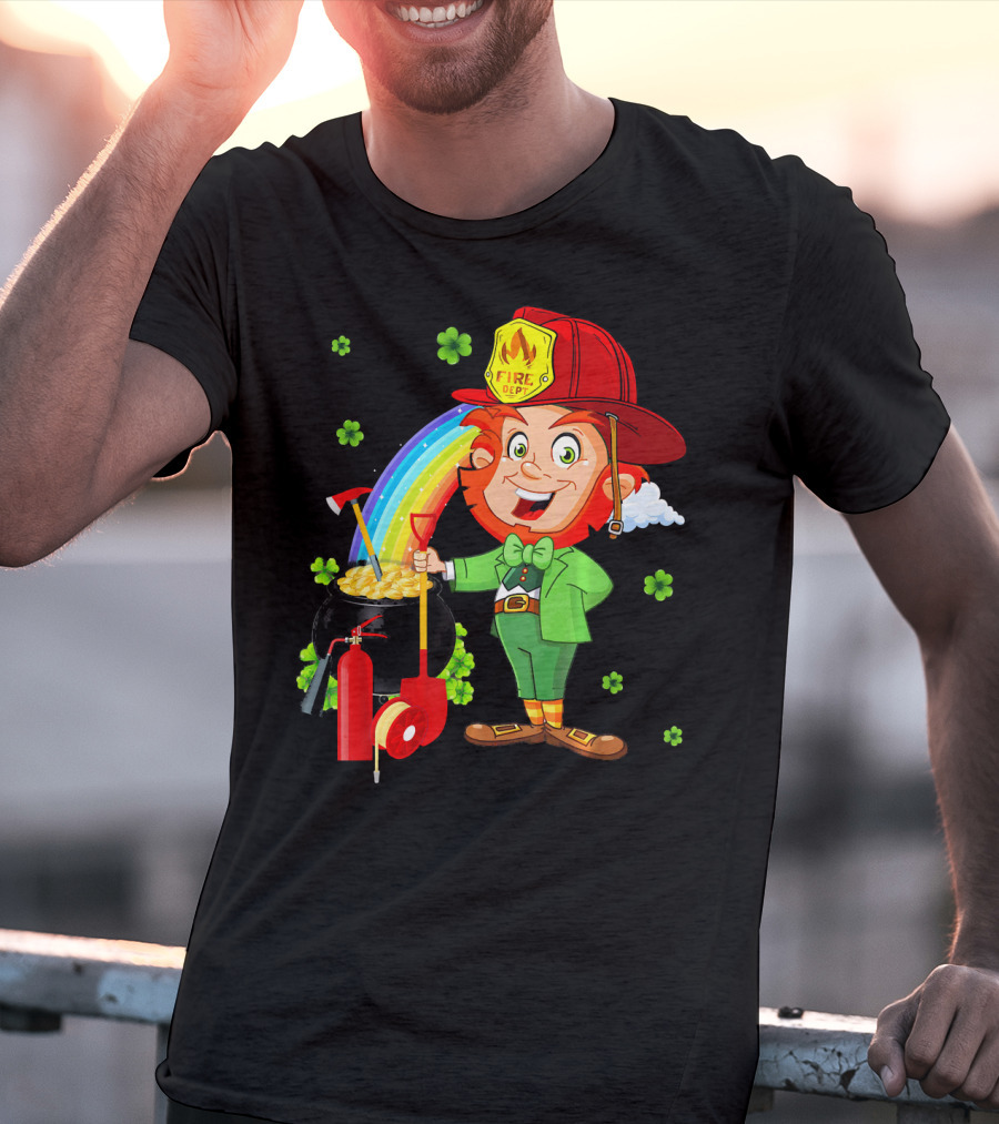 Fire Dept Leprechaun With Pot Of Gold And Rainbow T-Shirt