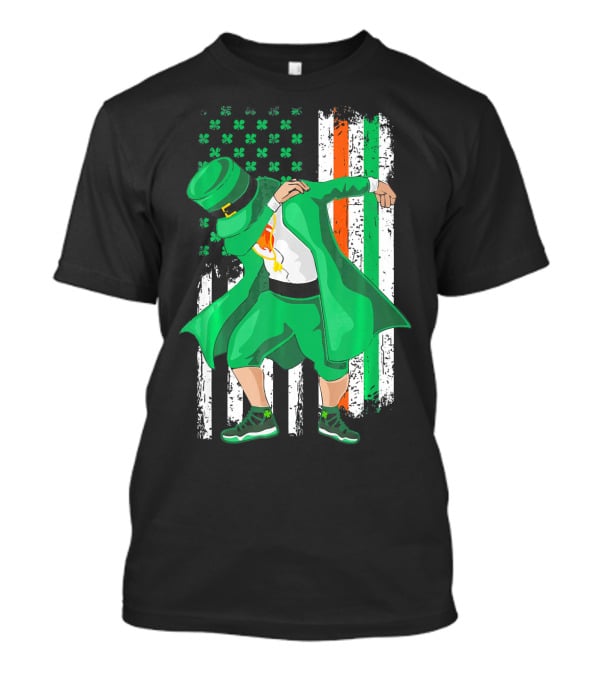 Dabbing Leprechaun With Shamrock And Irish American Flag Background T-Shirt