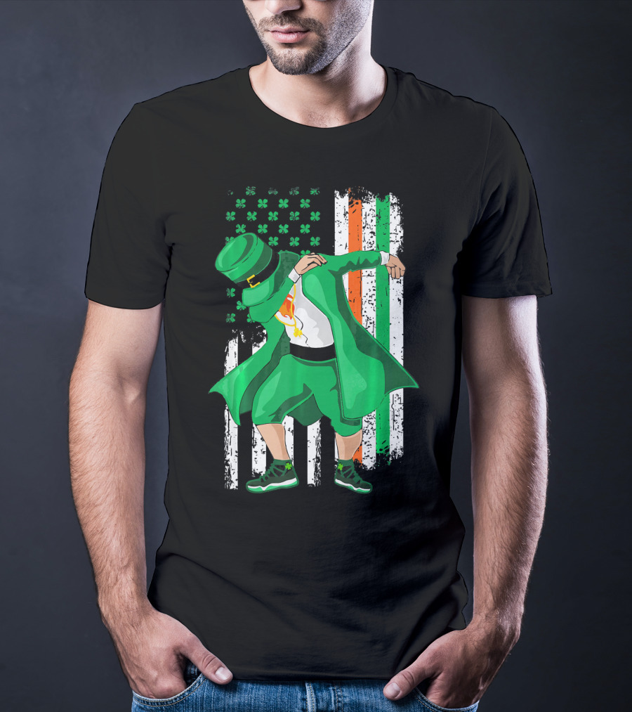 Dabbing Leprechaun With Shamrock And Irish American Flag Background T-Shirt