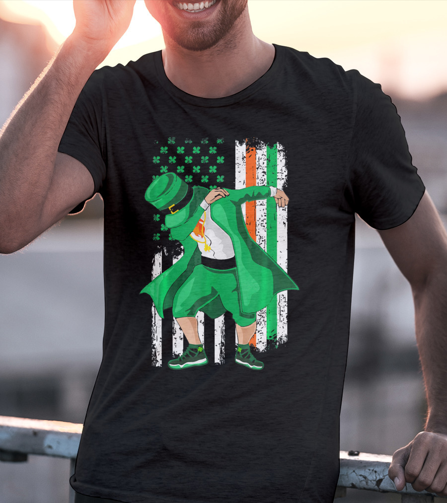Dabbing Leprechaun With Shamrock And Irish American Flag Background T-Shirt