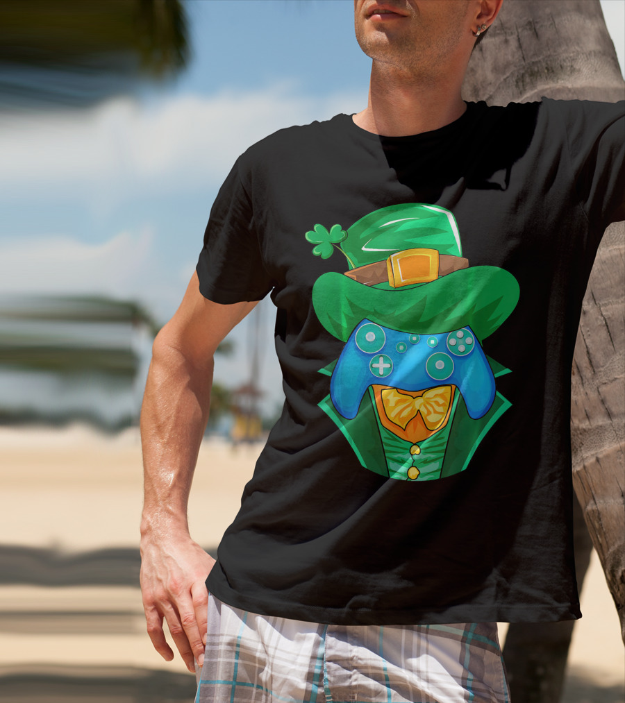 Leprechaun Gamer Controller St Patrick's Day Shamrock Hat Bowtie T-Shirt
