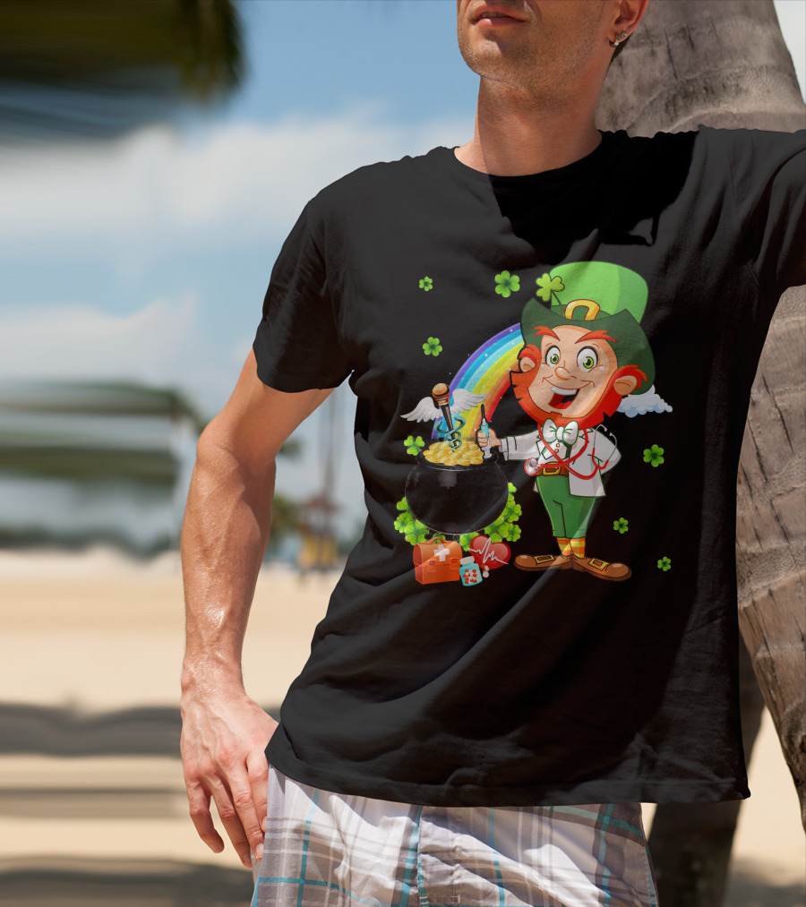 Lucky Medical Scrub Nurse Doctor Leprechaun With Pot Of Gold And Rainbow T-Shirt