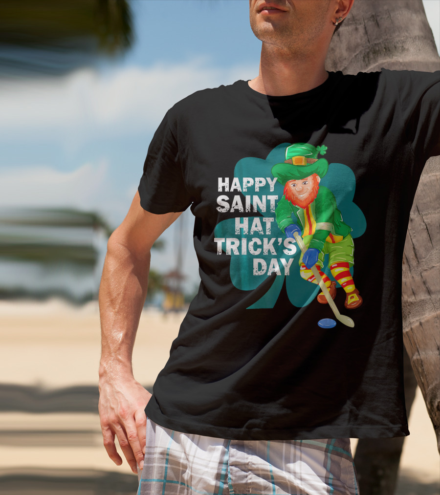 Happy Saint Hat Trick's Day Leprechaun Hockey Player Shamrock Ice T-Shirt