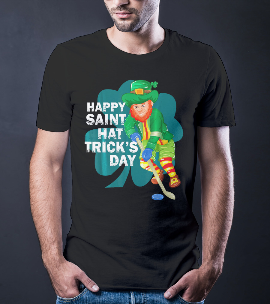Happy Saint Hat Trick's Day Leprechaun Hockey Player Shamrock Ice T-Shirt