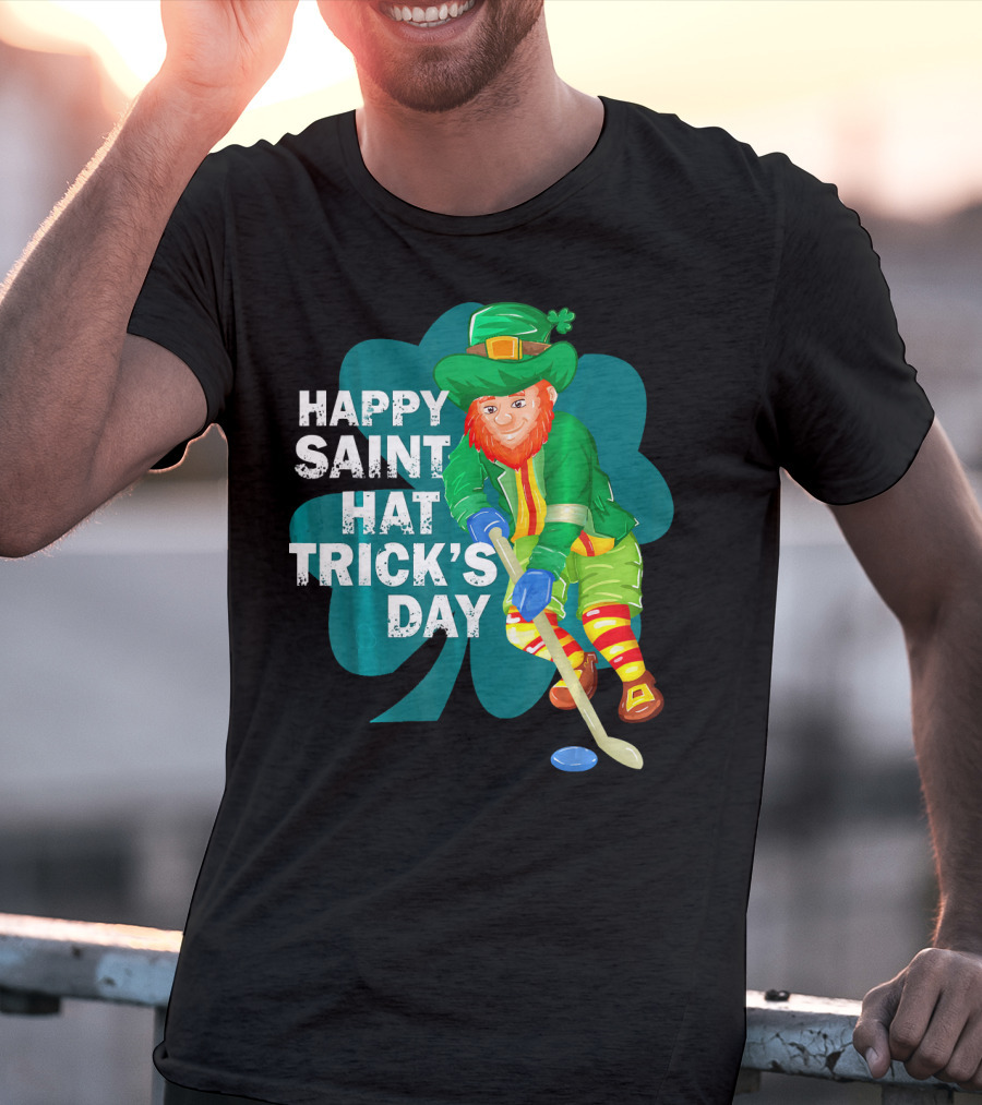 Happy Saint Hat Trick's Day Leprechaun Hockey Player Shamrock Ice T-Shirt
