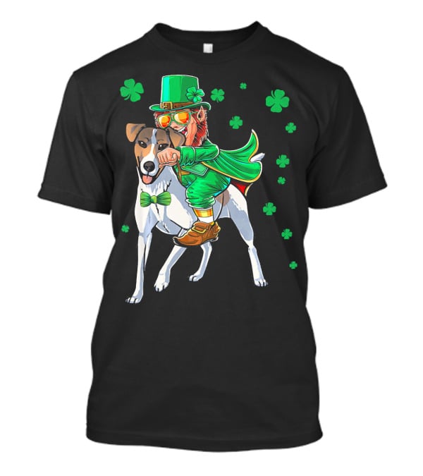 Leprechaun Riding Smooth Fox Terrier With Shamrocks T-Shirt