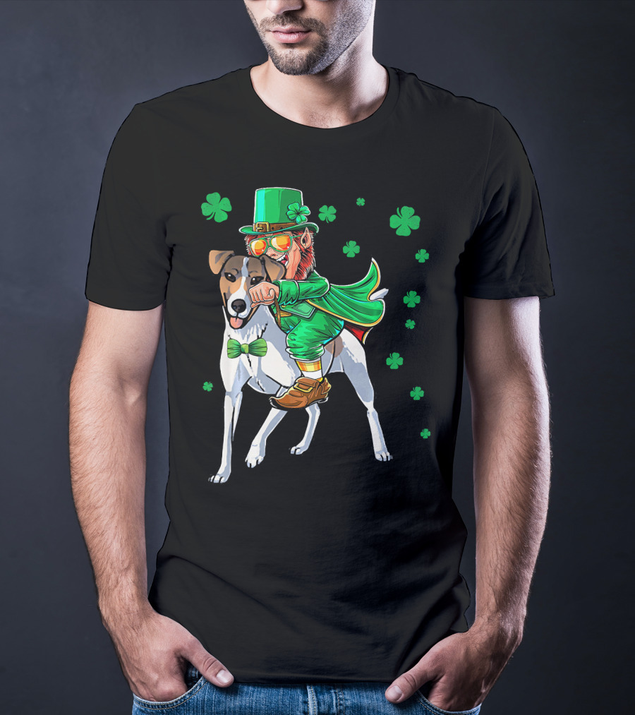 Leprechaun Riding Smooth Fox Terrier With Shamrocks T-Shirt