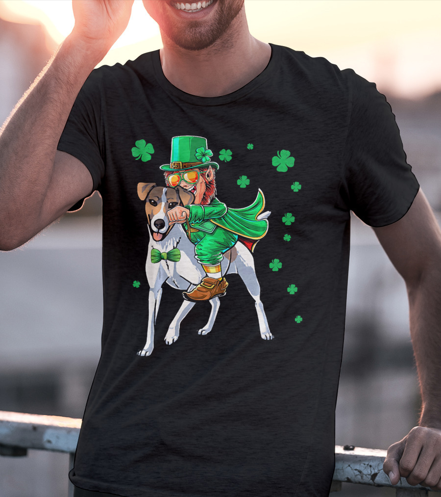 Leprechaun Riding Smooth Fox Terrier With Shamrocks T-Shirt