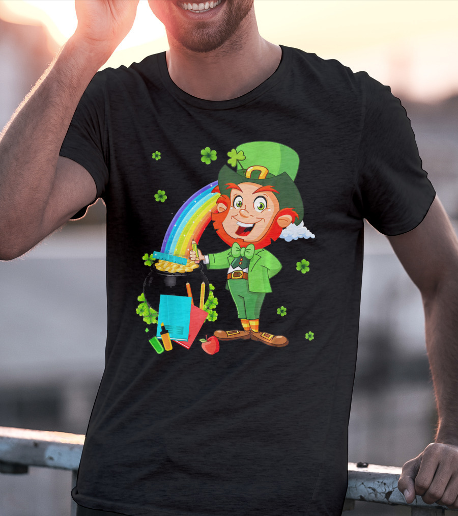 Leprechaun Teacher With Pot Of Gold And Rainbow T-Shirt