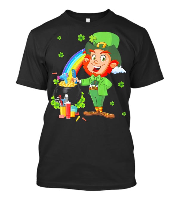 Medical Scrub Hairstylist Leprechaun Pat With Rainbow And Pot Of Gold Barber Tools T-Shirt
