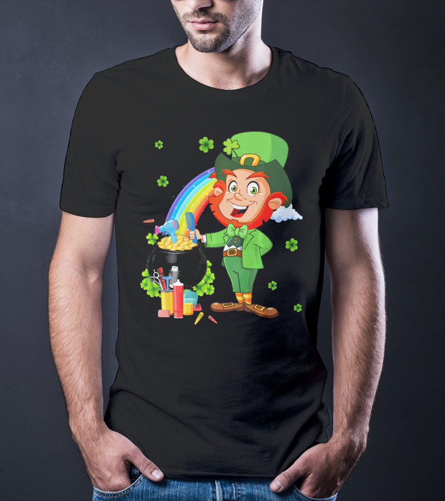 Medical Scrub Hairstylist Leprechaun Pat With Rainbow And Pot Of Gold Barber Tools T-Shirt