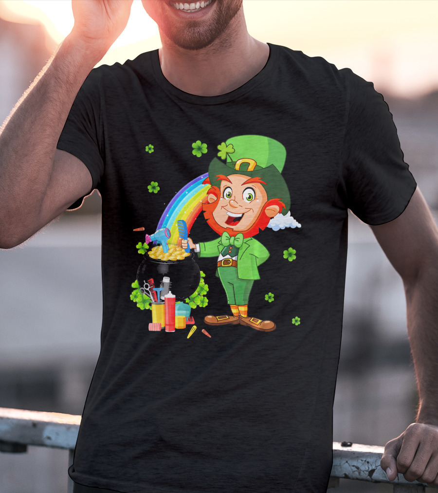 Medical Scrub Hairstylist Leprechaun Pat With Rainbow And Pot Of Gold Barber Tools T-Shirt