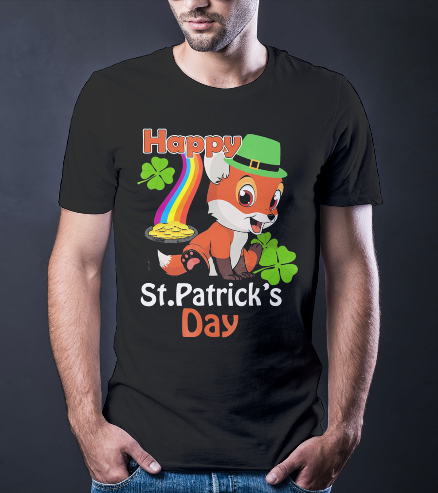 Happy St Patrick's Day Funny Fox Rainbow Clover Gold T-Shirt