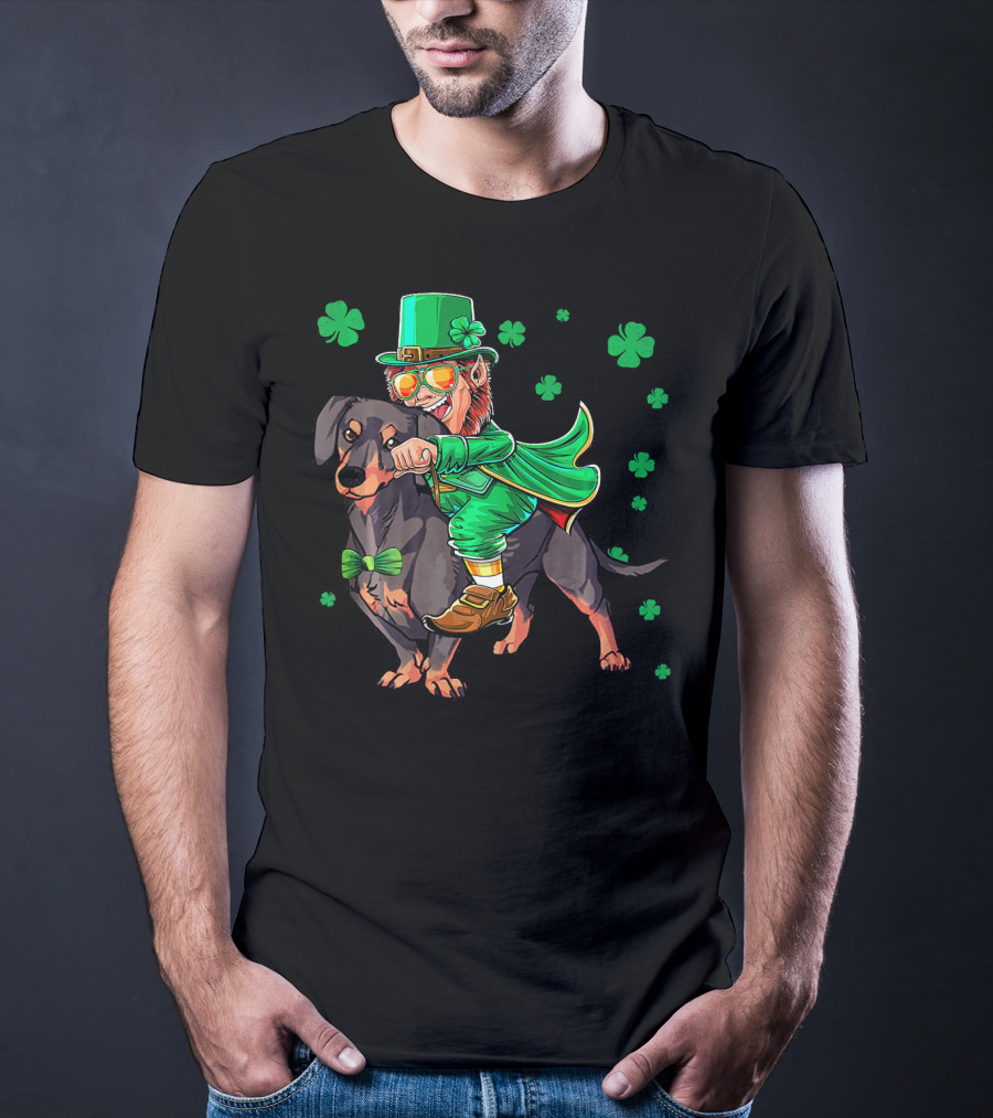 Leprechaun Riding Miniature Dachshund With Shamrocks T-Shirt