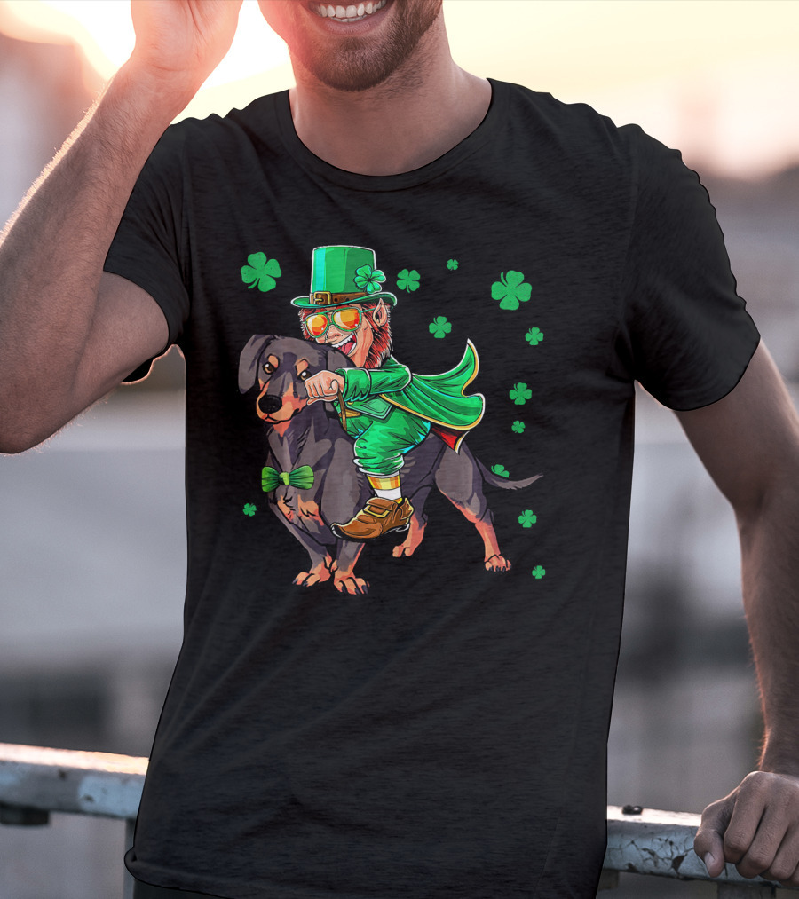 Leprechaun Riding Miniature Dachshund With Shamrocks T-Shirt
