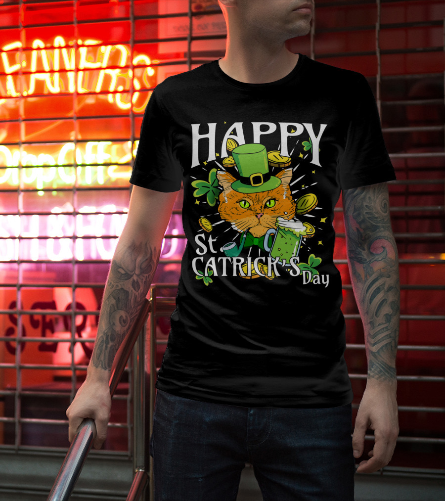Happy St. Catricks Day Funny St. Patrick Cat Clover Coins T-Shirt