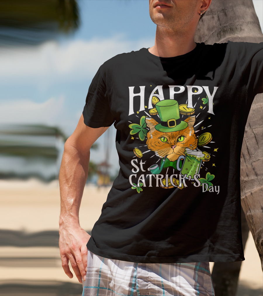 Happy St. Catricks Day Funny St. Patrick Cat Clover Coins T-Shirt