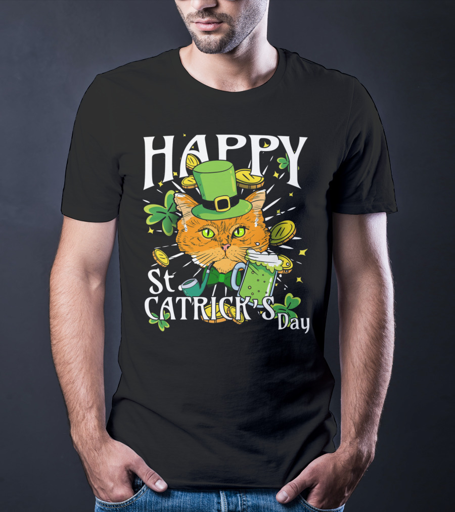 Happy St. Catricks Day Funny St. Patrick Cat Clover Coins T-Shirt
