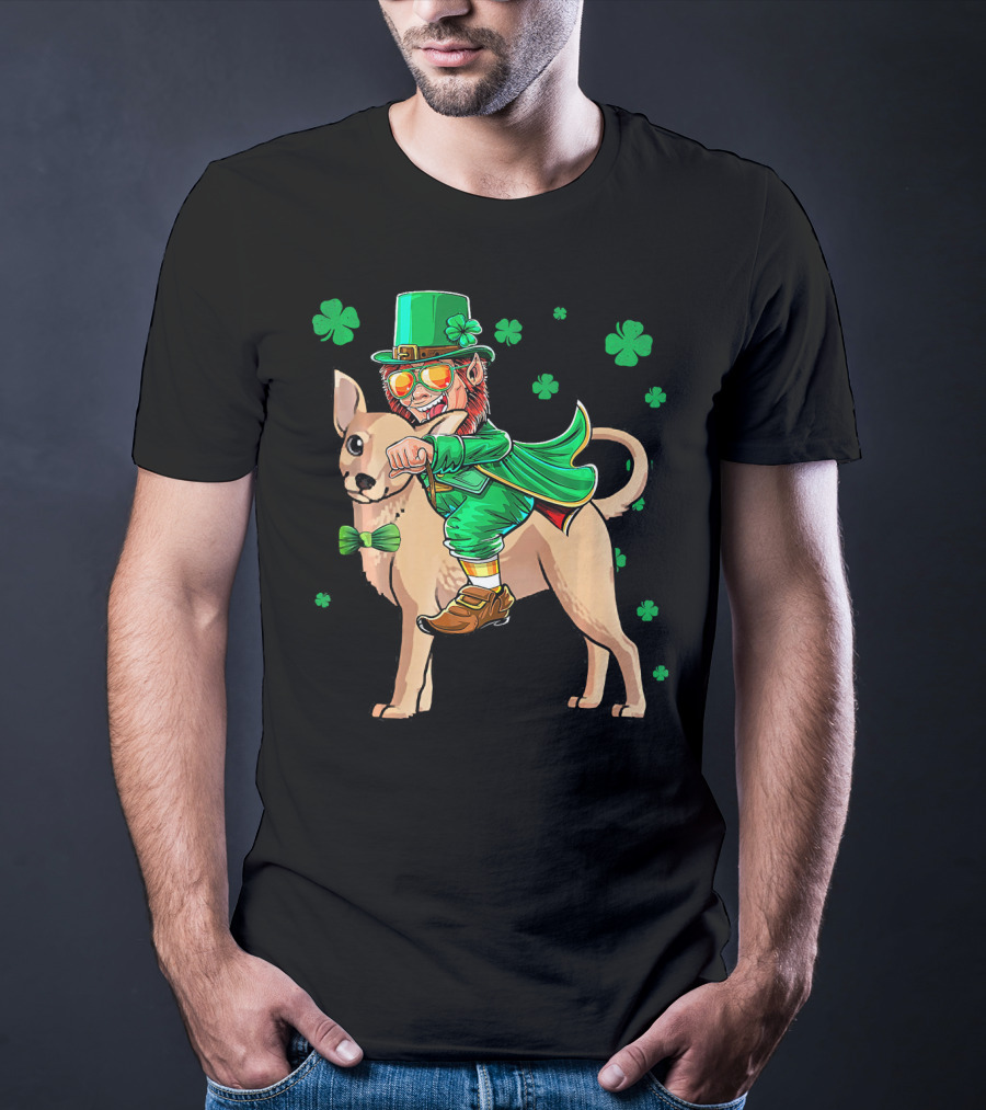 Leprechaun Riding Chihuahua With Shamrocks St. Patrick's Day T-Shirt