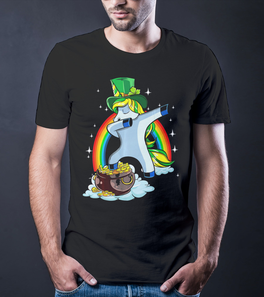 St Patricks Day Dabbing Unicorn Rainbow Pot Of Gold T-Shirt