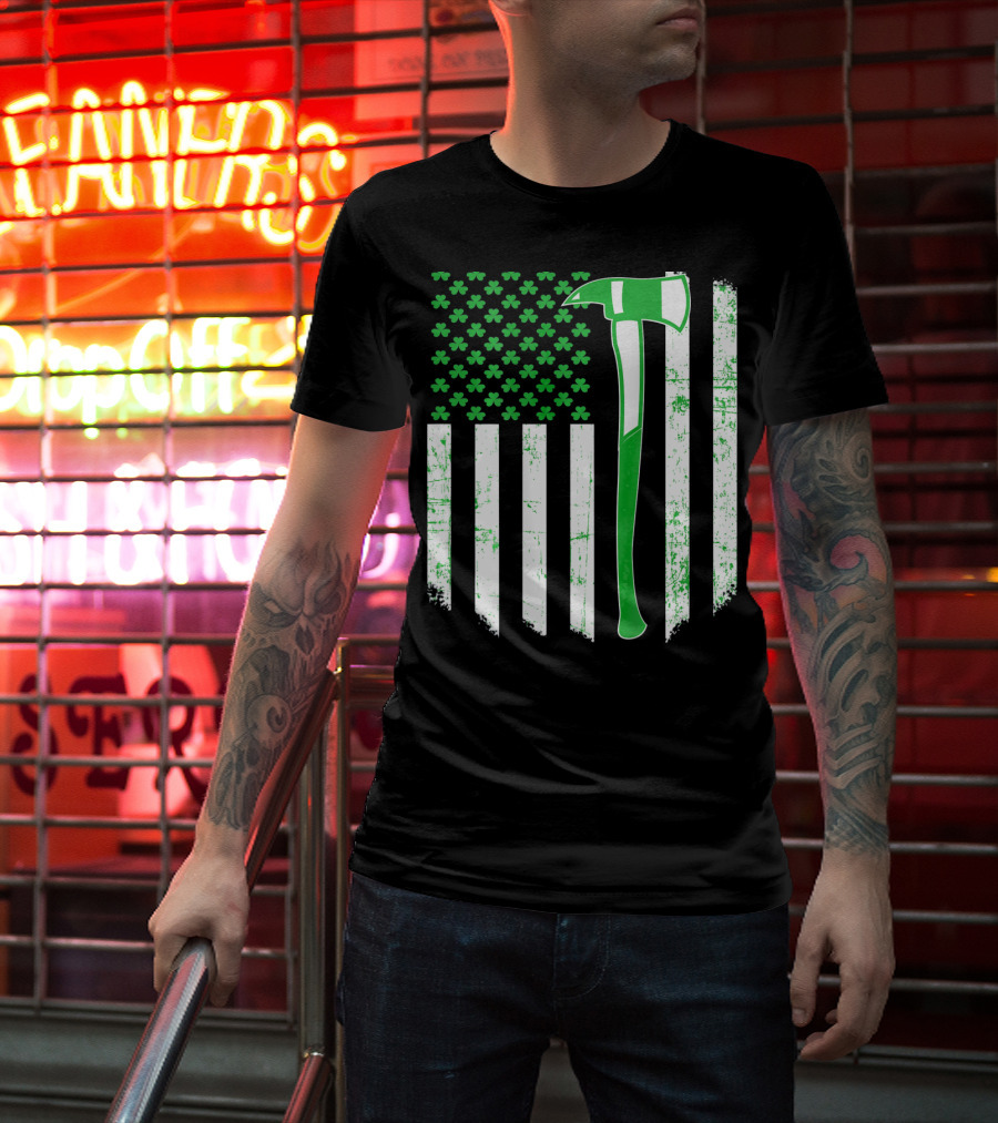 Irish Shamrock Flag Firefighter Axe T-Shirt