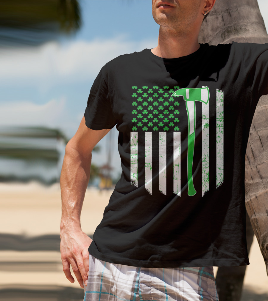 Irish Shamrock Flag Firefighter Axe T-Shirt