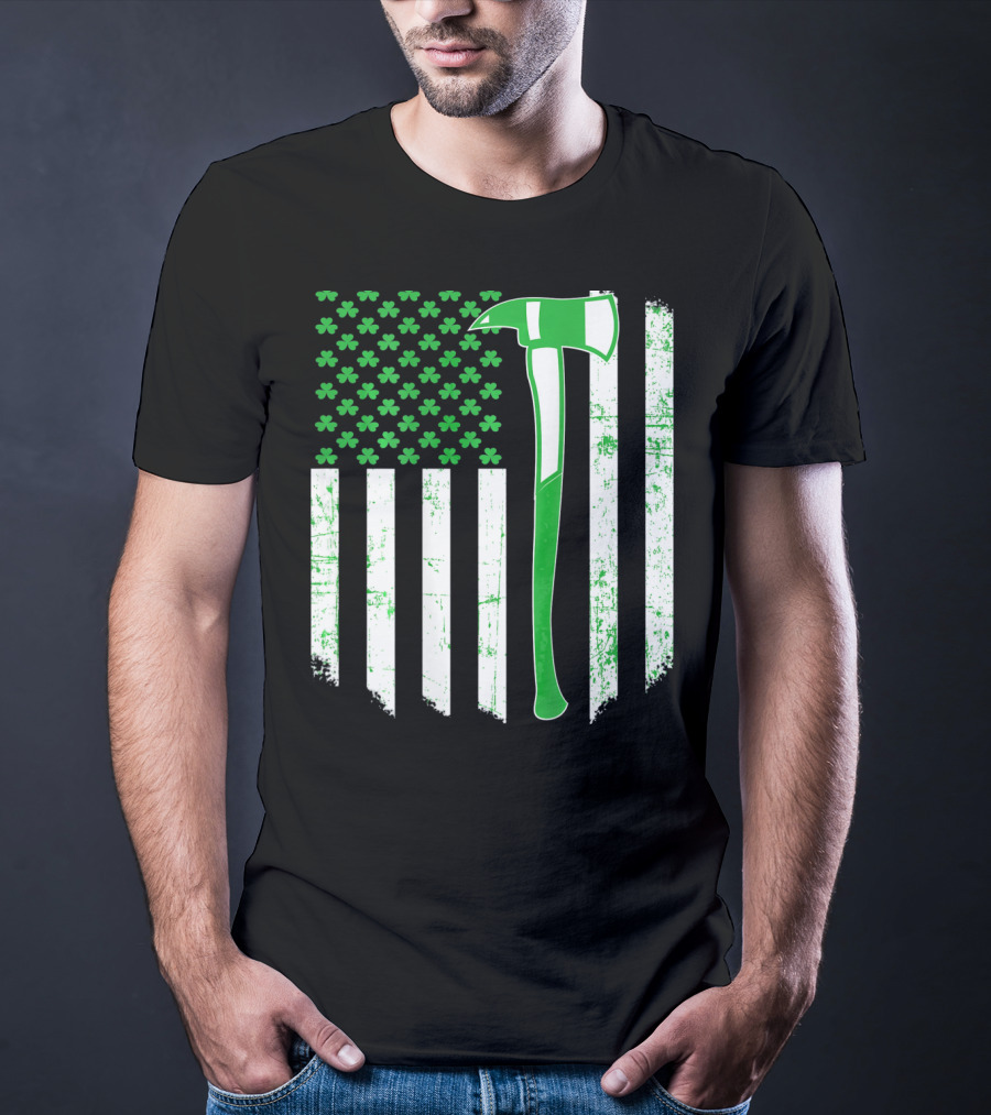 Irish Shamrock Flag Firefighter Axe T-Shirt