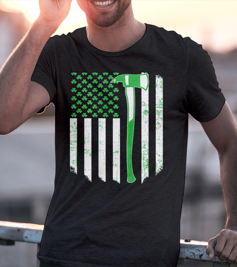Irish Shamrock Flag Firefighter Axe T-Shirt