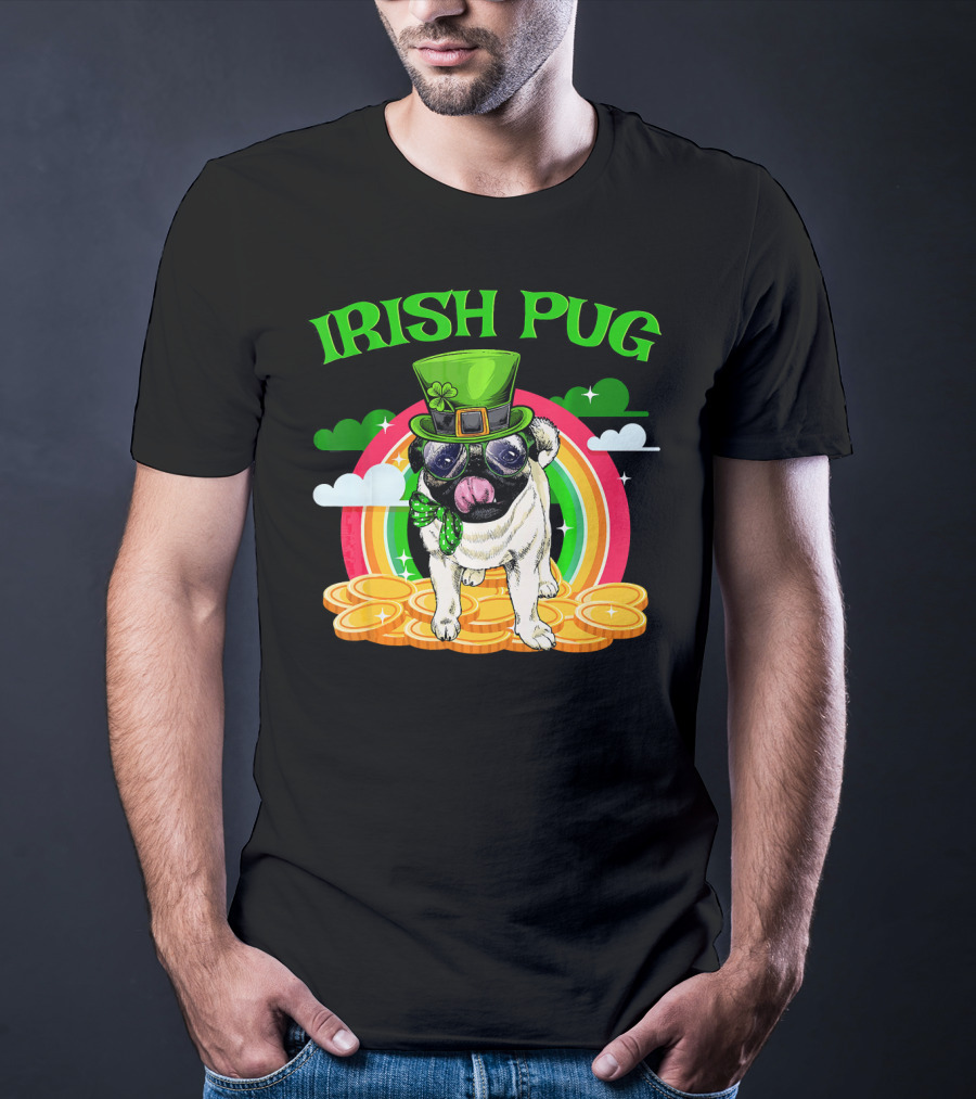 Irish Pug Funny St Patricks Day Leprechaun Rainbow Coins T-Shirt