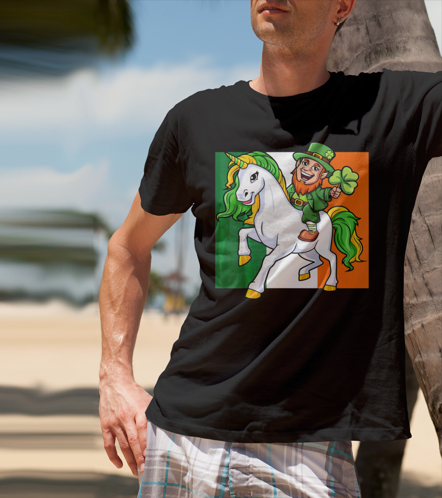 Leprechaun Riding Unicorn Irish Flag St Patricks Day T-Shirt