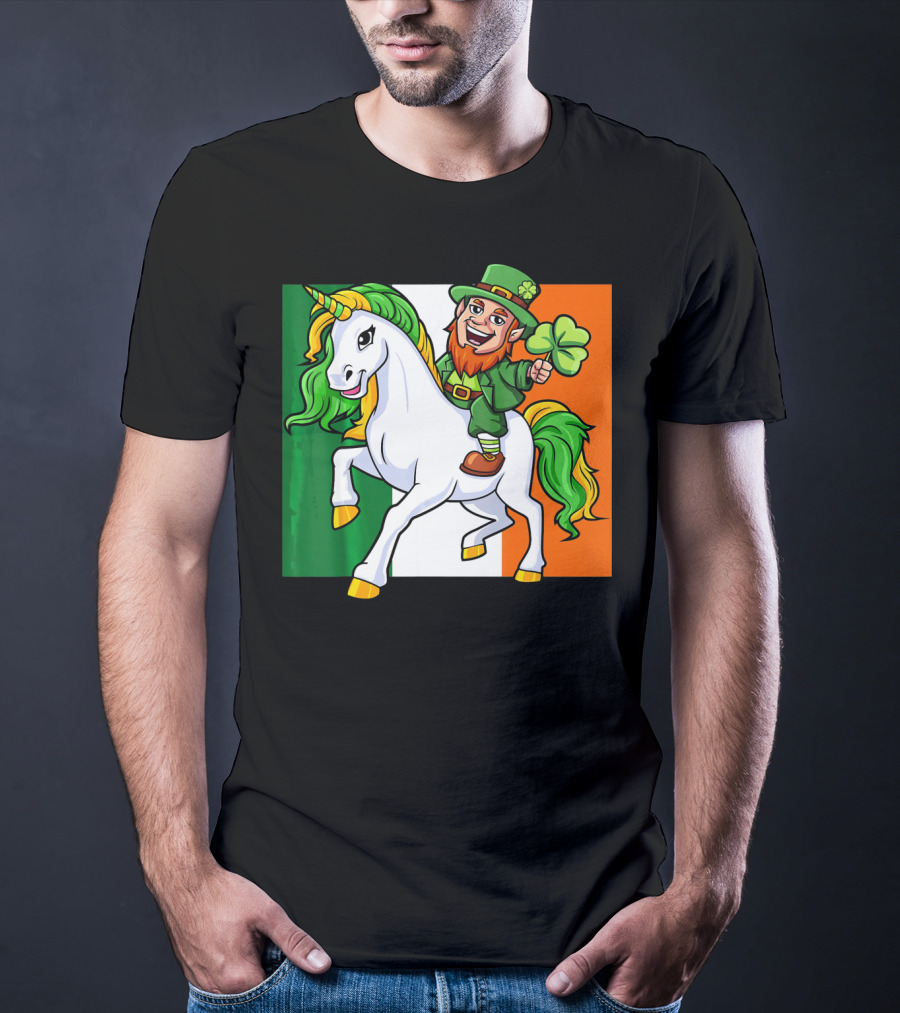 Leprechaun Riding Unicorn Irish Flag St Patricks Day T-Shirt