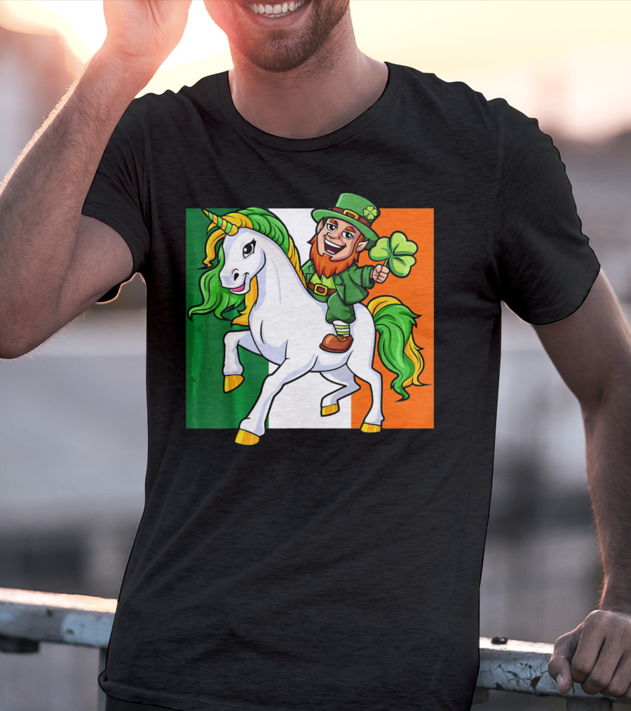 Leprechaun Riding Unicorn Irish Flag St Patricks Day T-Shirt