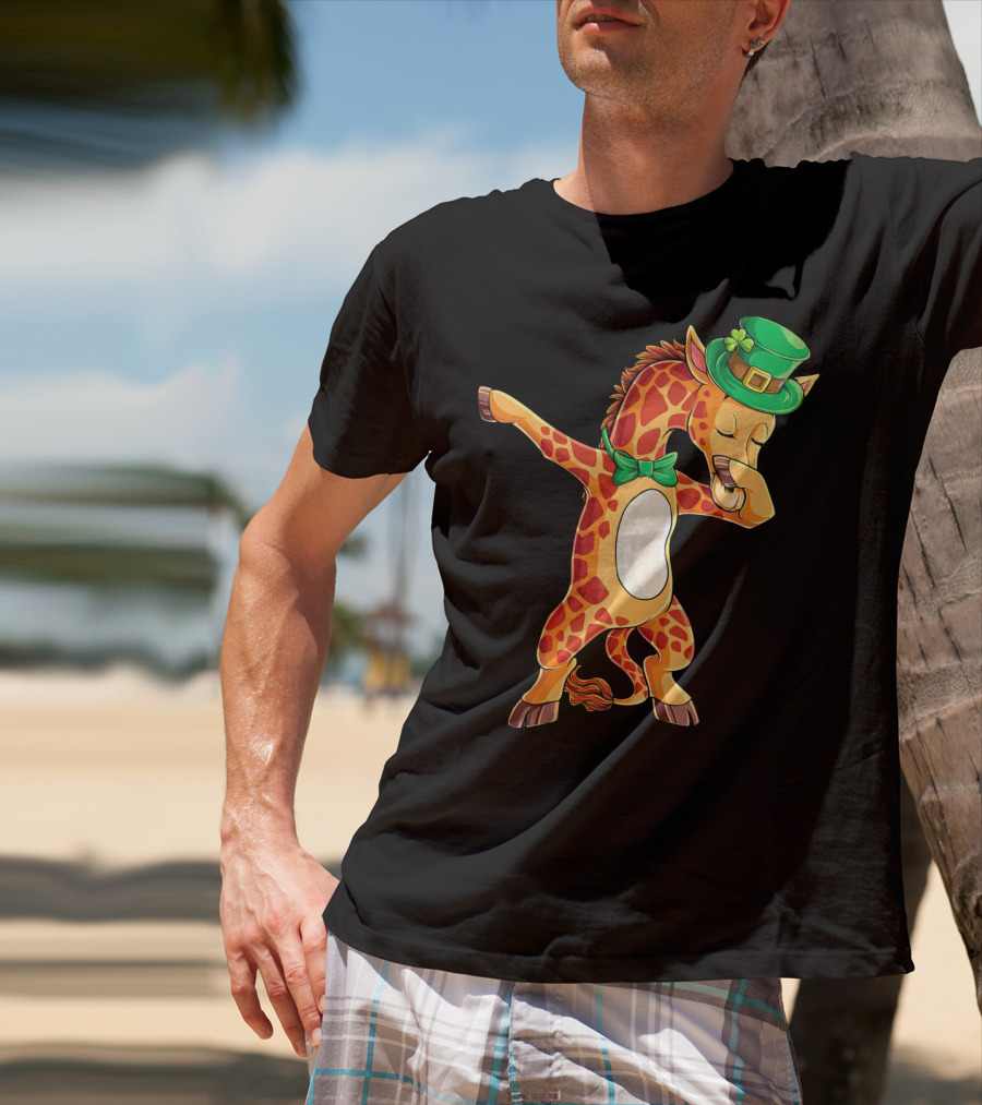 Giraffe Dabbing Leprechaun Hat Bow Tie T-Shirt
