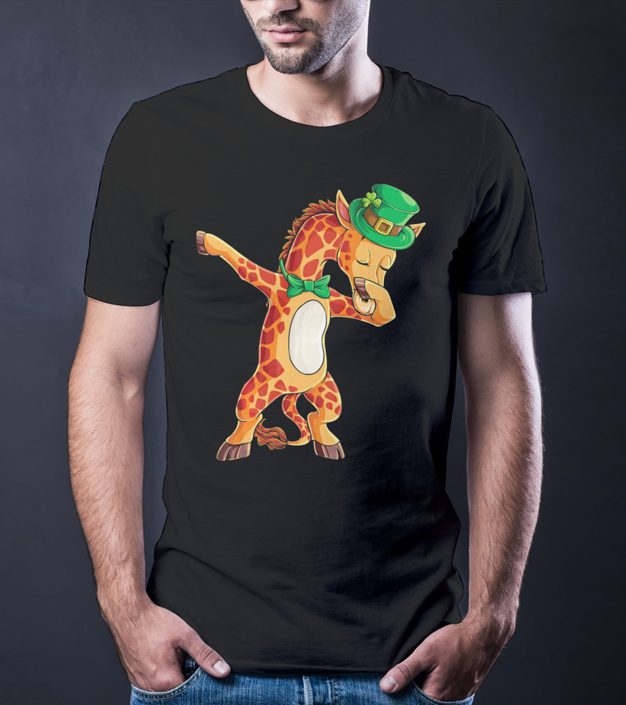 Giraffe Dabbing Leprechaun Hat Bow Tie T-Shirt