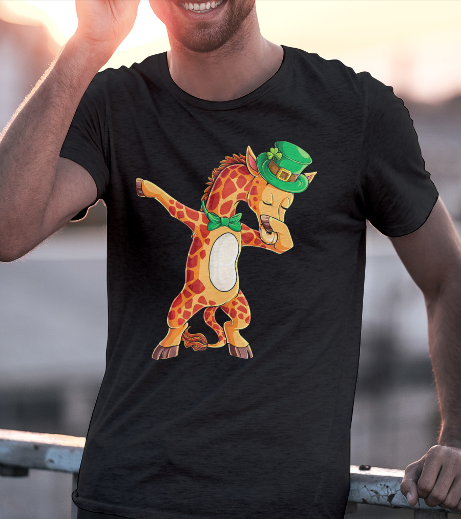 Giraffe Dabbing Leprechaun Hat Bow Tie T-Shirt