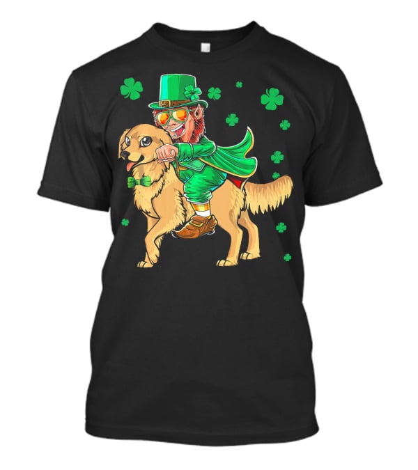 Leprechaun Riding Golden Retriever With Shamrocks T-Shirt