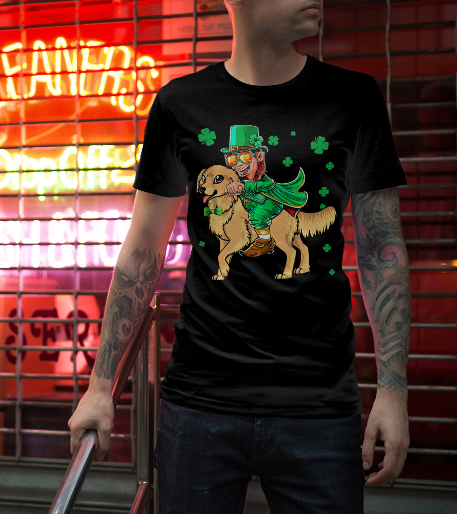 Leprechaun Riding Golden Retriever With Shamrocks T-Shirt