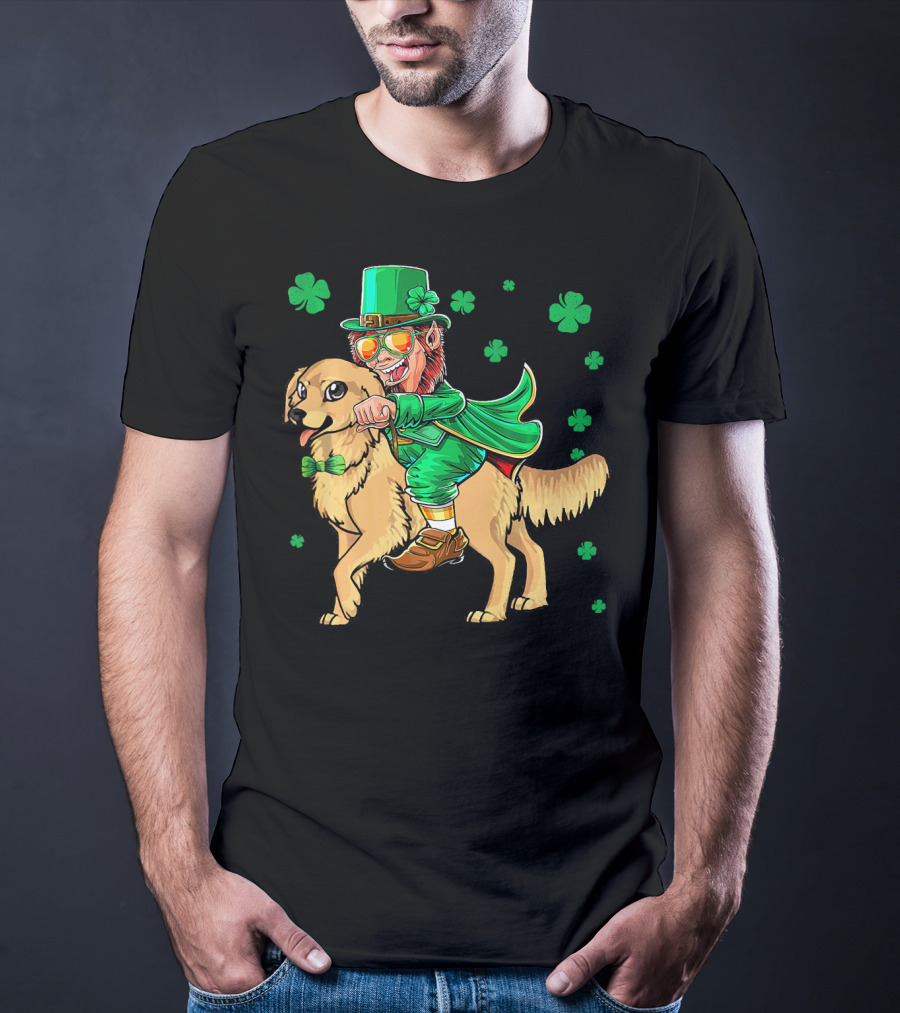 Leprechaun Riding Golden Retriever With Shamrocks T-Shirt