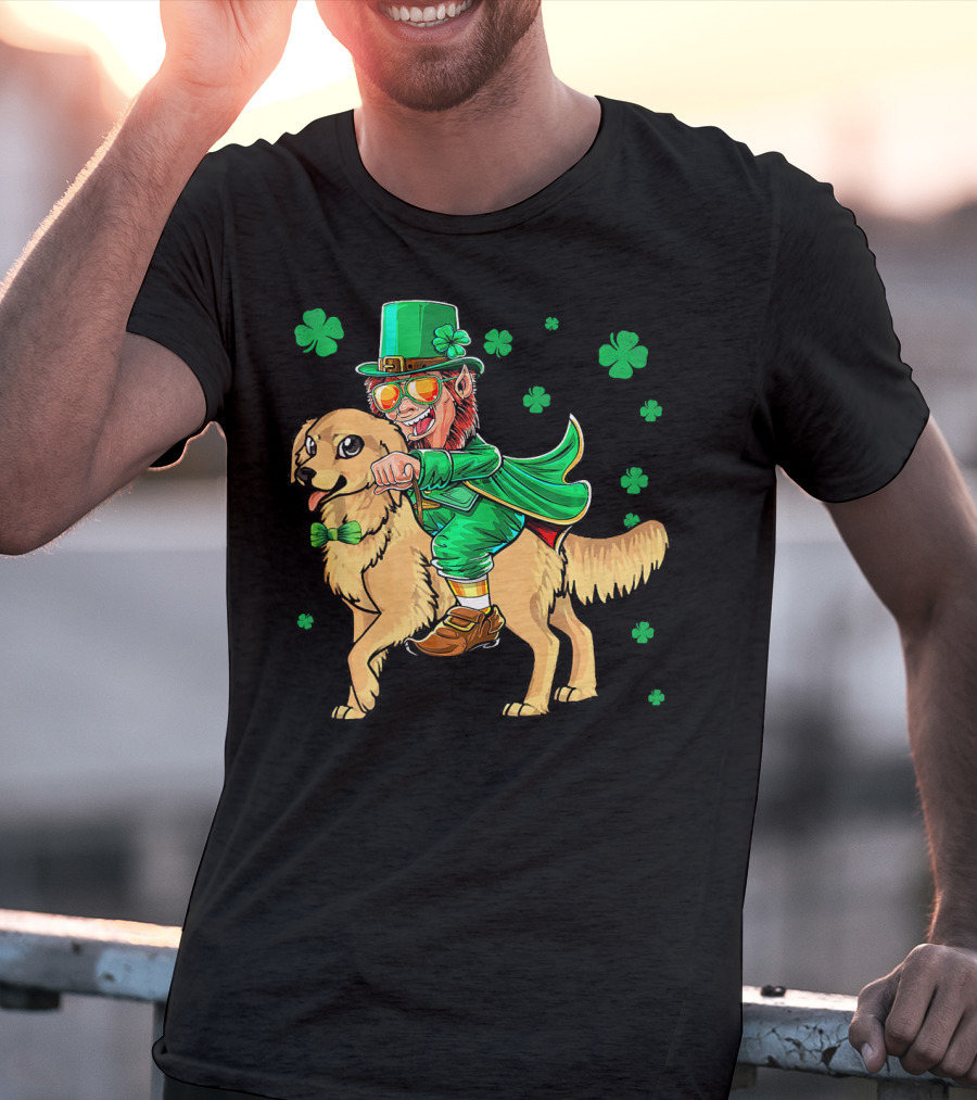 Leprechaun Riding Golden Retriever With Shamrocks T-Shirt
