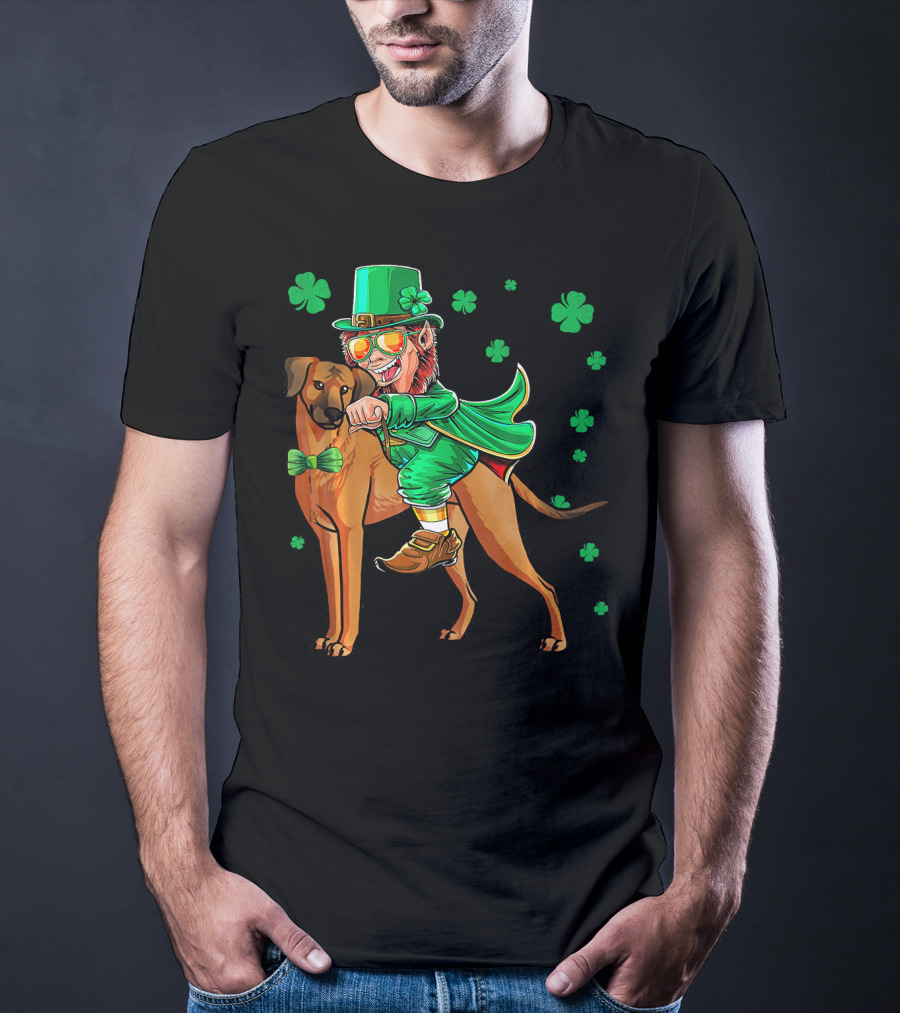 Leprechaun On Rhodesian Ridgeback With Shamrocks T-Shirt