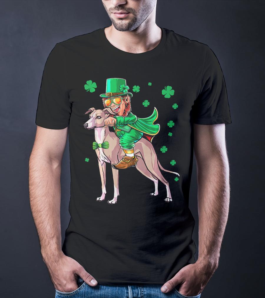 Leprechaun Riding Italian Greyhound With Shamrocks T-Shirt