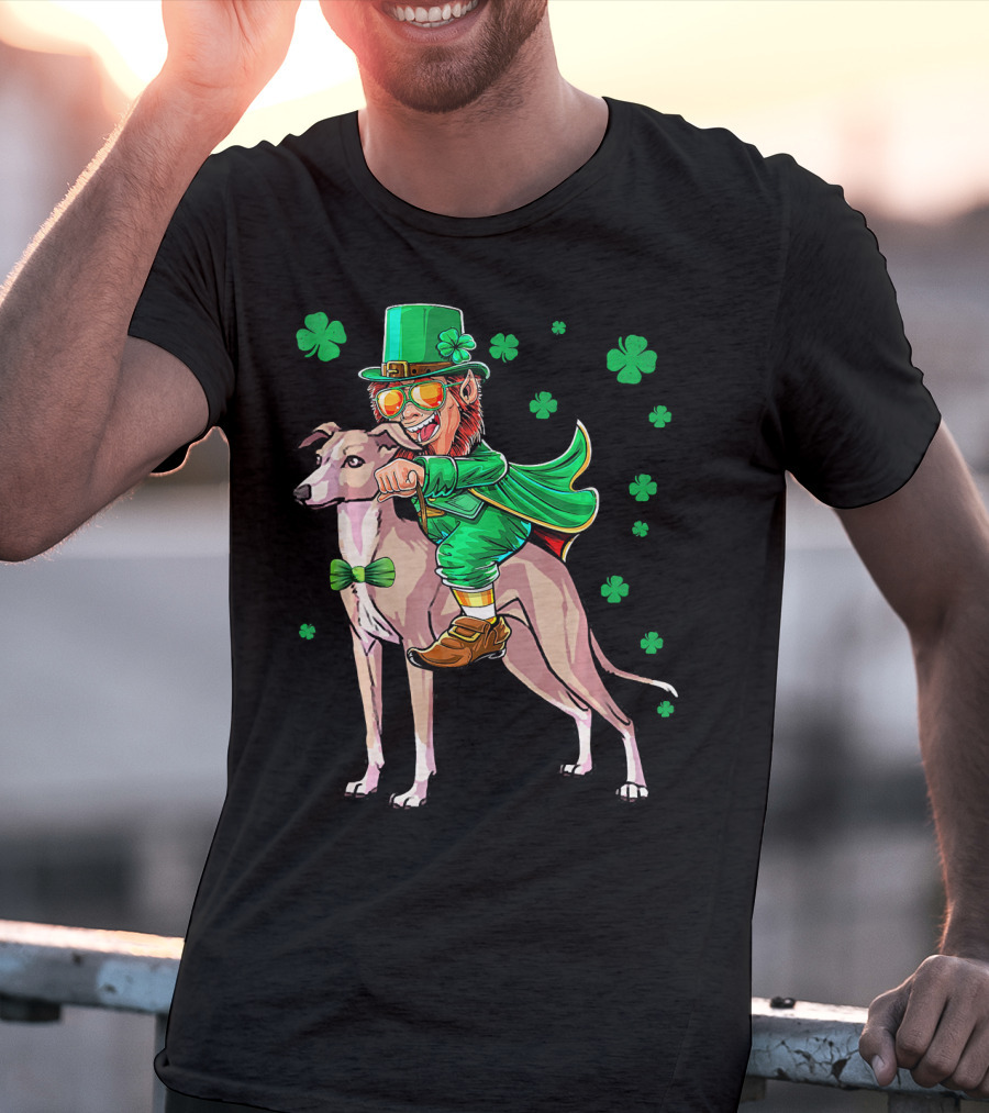 Leprechaun Riding Italian Greyhound With Shamrocks T-Shirt