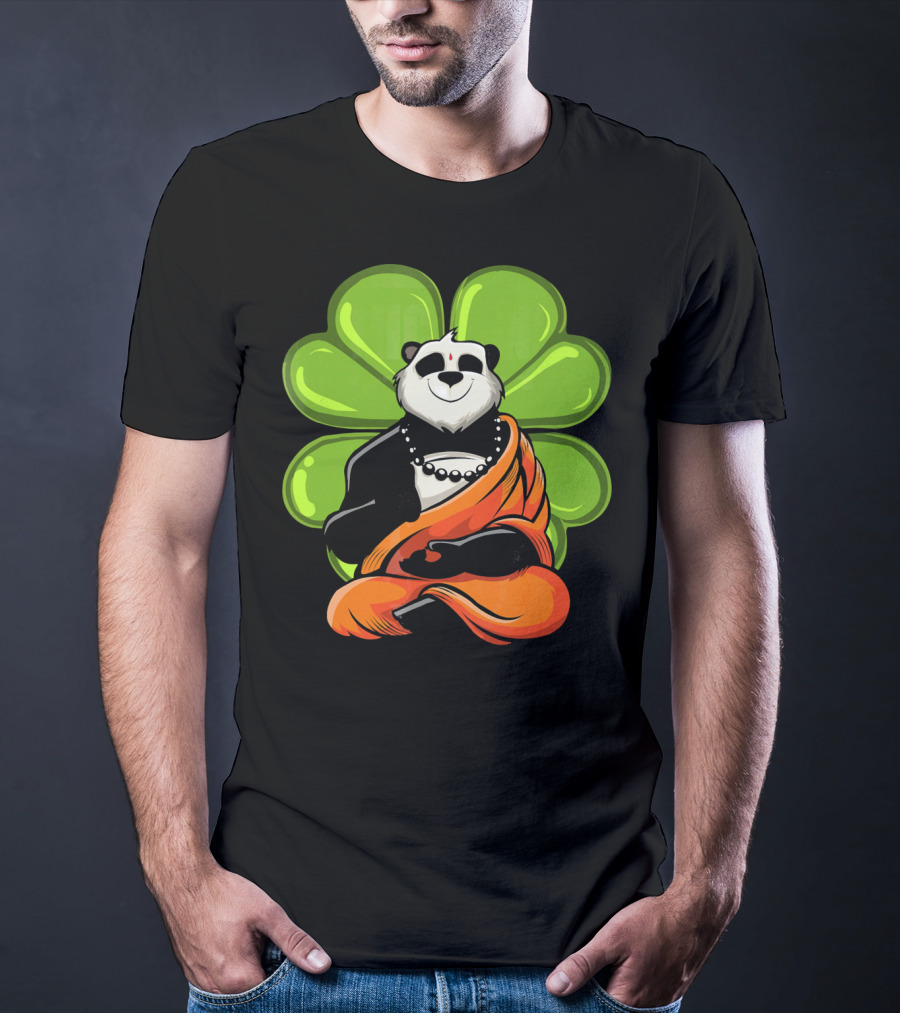 Panda Bear Buddha Zen Meditation With Lucky Four-Leaf Clover T-Shirt