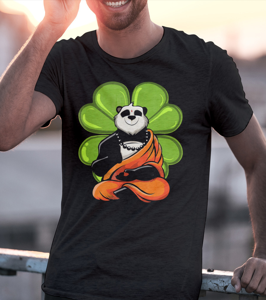 Panda Bear Buddha Zen Meditation With Lucky Four-Leaf Clover T-Shirt