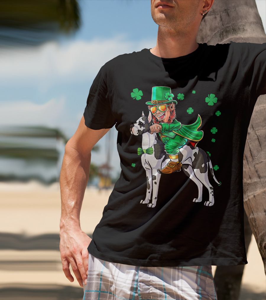 Leprechaun Riding Great Dane With Shamrocks St. Patri T-Shirt