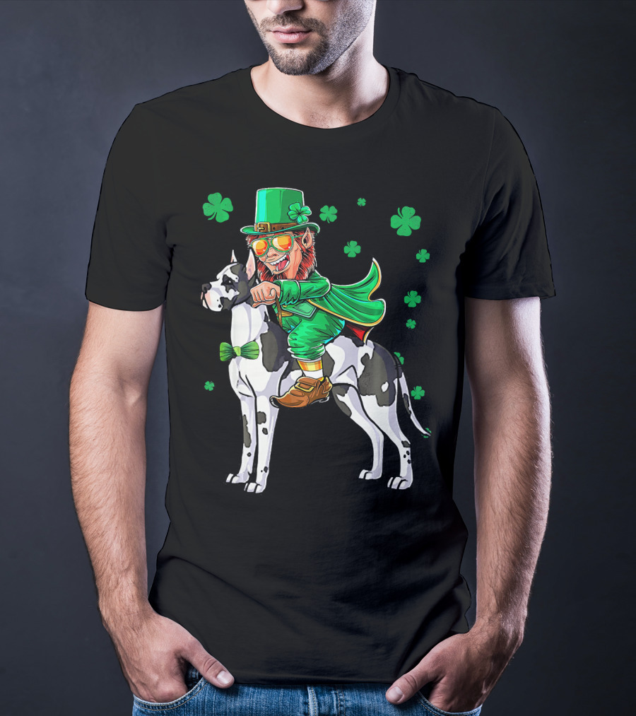 Leprechaun Riding Great Dane With Shamrocks St. Patri T-Shirt