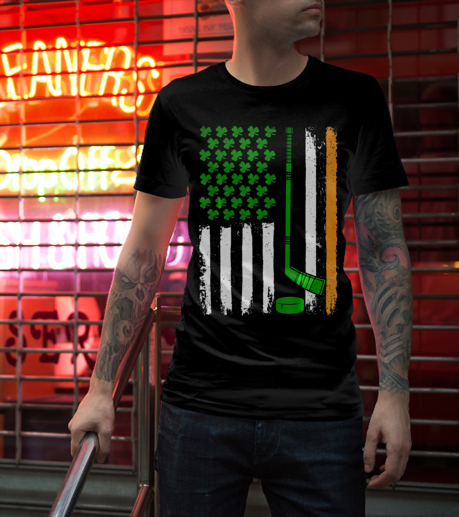 Hockey St Patricks Irish American Flag Shamrock Hockey Stick T-Shirt