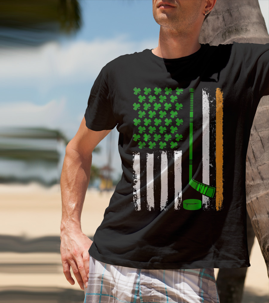 Hockey St Patricks Irish American Flag Shamrock Hockey Stick T-Shirt
