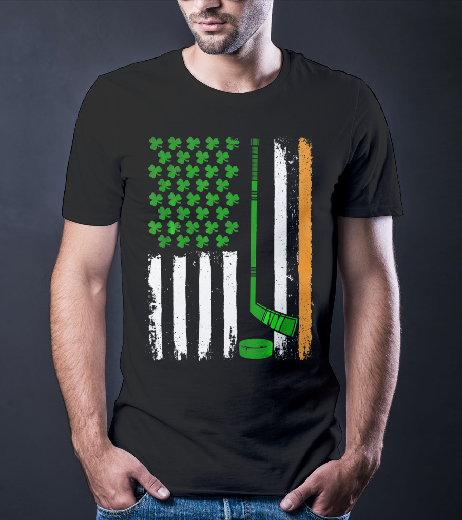 Hockey St Patricks Irish American Flag Shamrock Hockey Stick T-Shirt