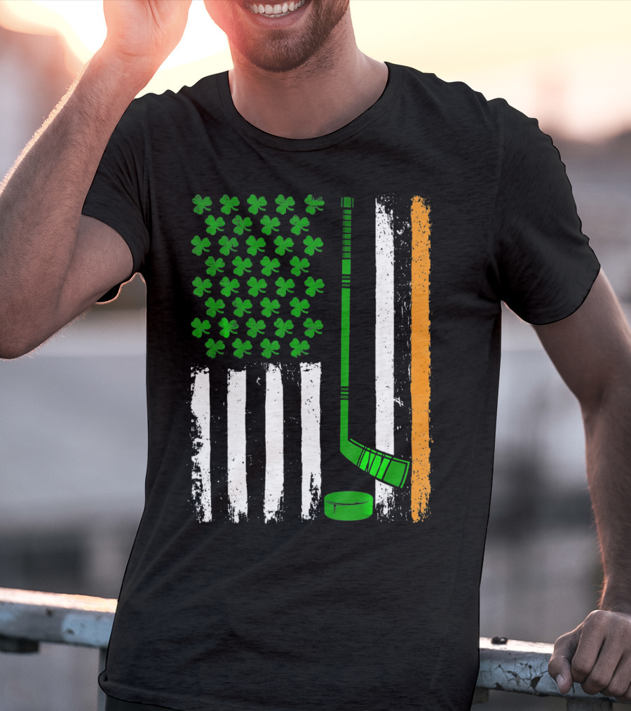 Hockey St Patricks Irish American Flag Shamrock Hockey Stick T-Shirt